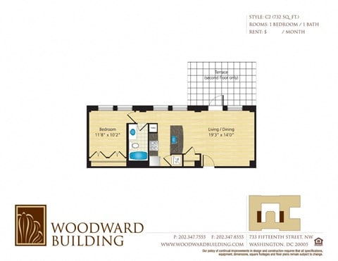 Floor plan for 1 bed, 1 bath, 732 sqft